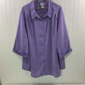 Only Necessities Women 4X Purple Shirt 3/4 Sleeves Button Up